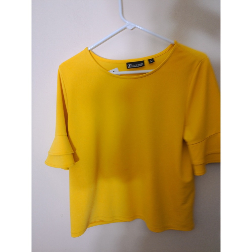 New York & Company Blouse Womens Medium Yellow Ruffle Bell Sleeve Crew Neck Top